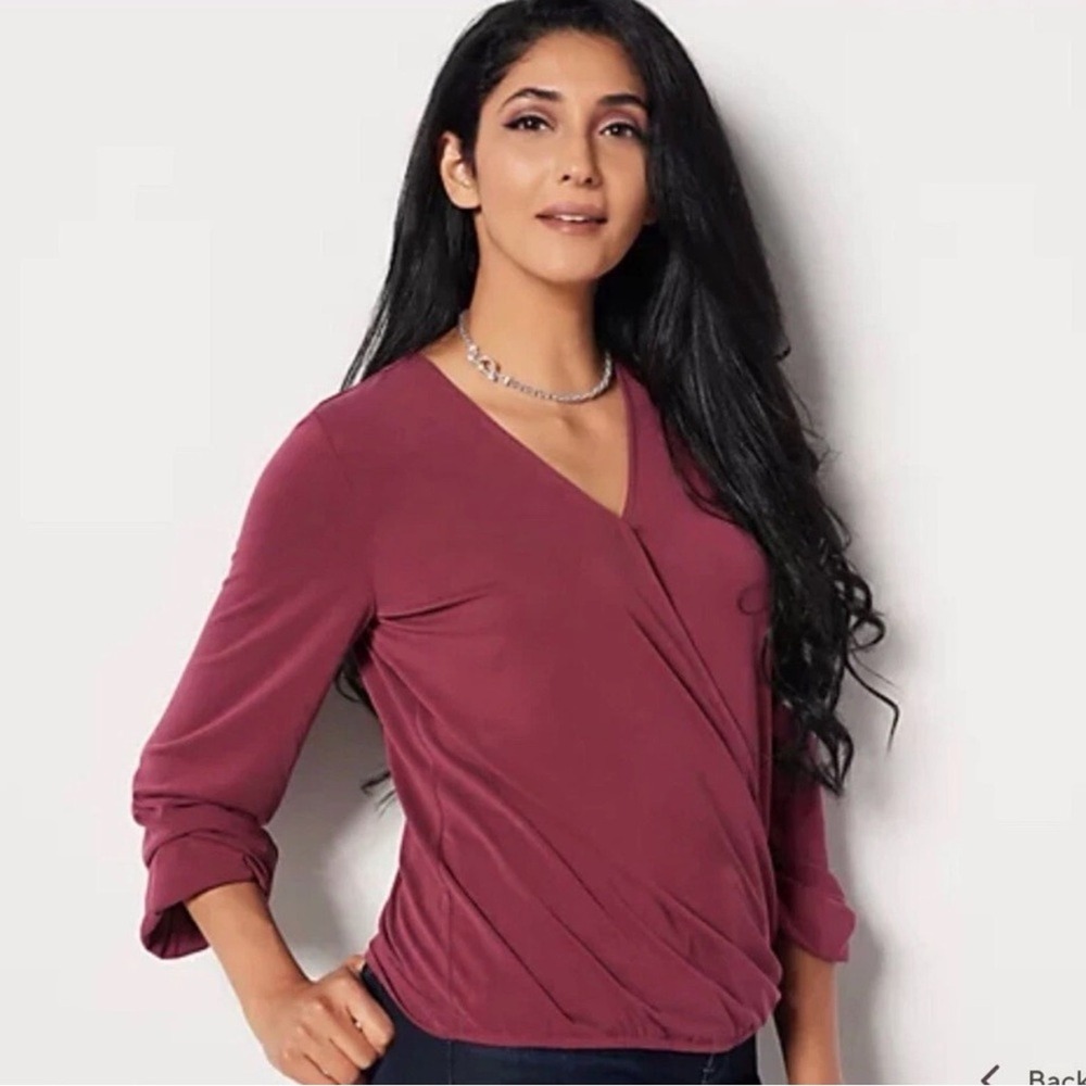 Susan Graver Women's V-Neck Wrap Top - Deep Mauve Size XL